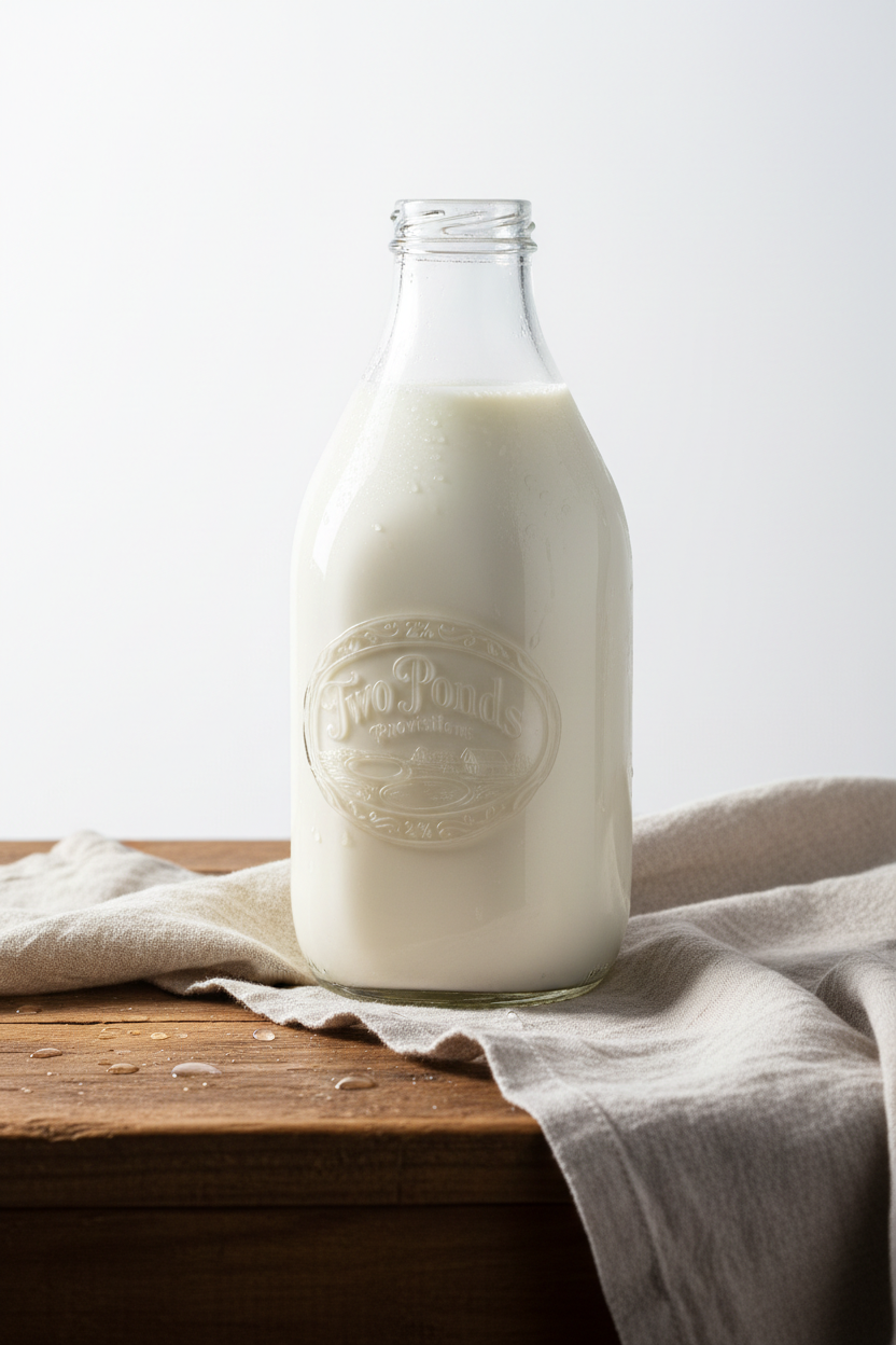 Half-gallon glass bottle of Two Ponds Provisions fresh local 2% milk on a rustic wooden surface