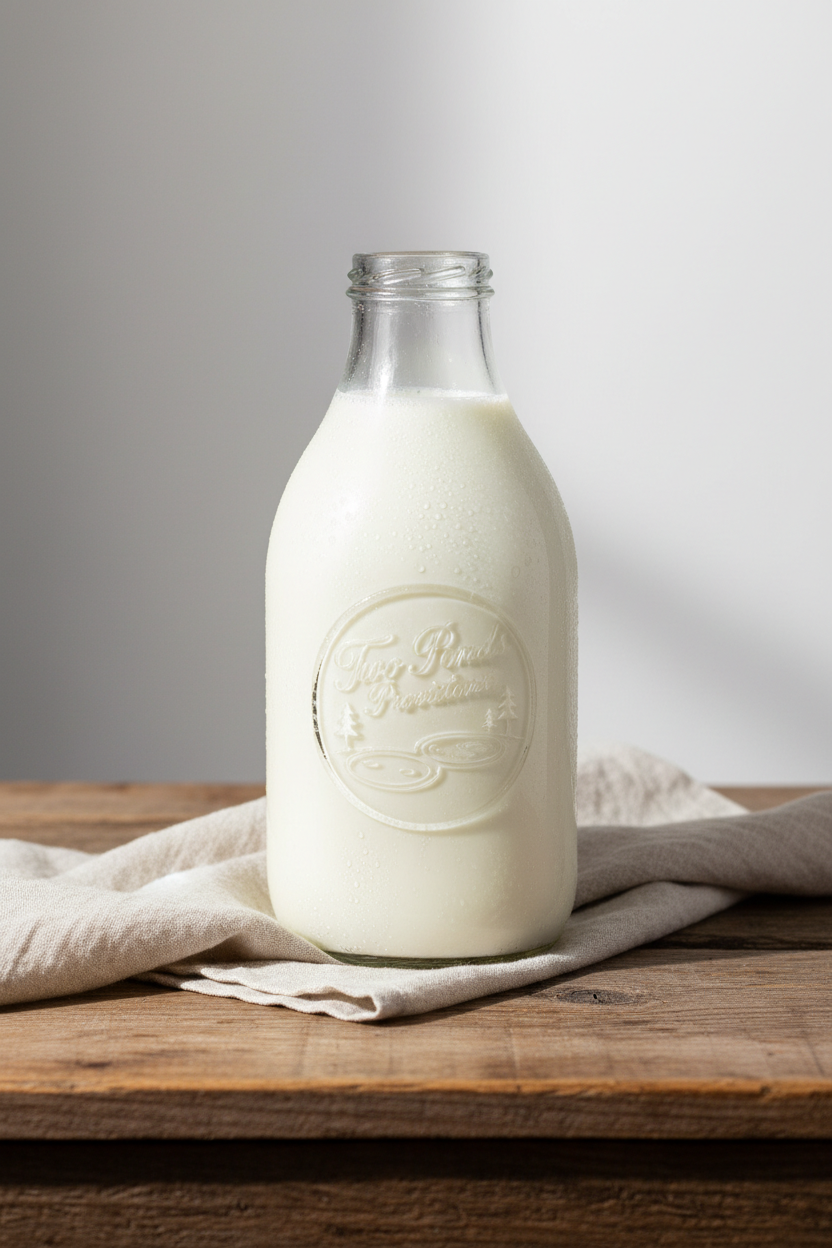 Half-gallon glass bottle of Two Ponds Provisions fresh local whole milk on a rustic wooden surface